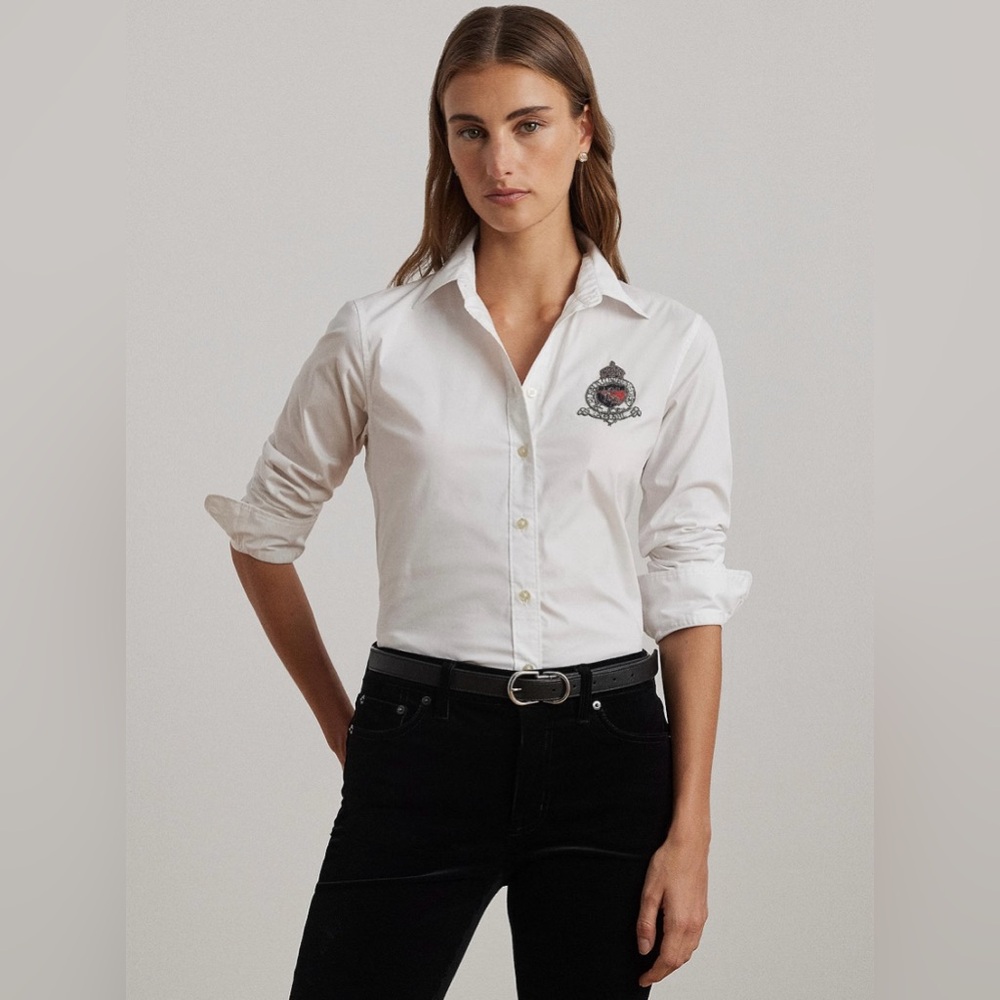 Lauren Ralph Lauren Women's Classic-Fit Beaded-Crest Shirt (P/XS; White)